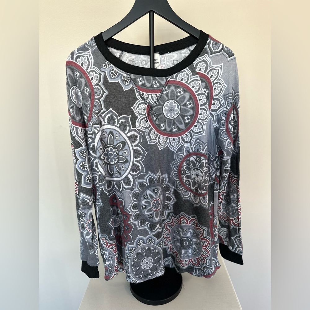 Sew In Love Black, Gray, and Red Mandala Long Sleeve Top